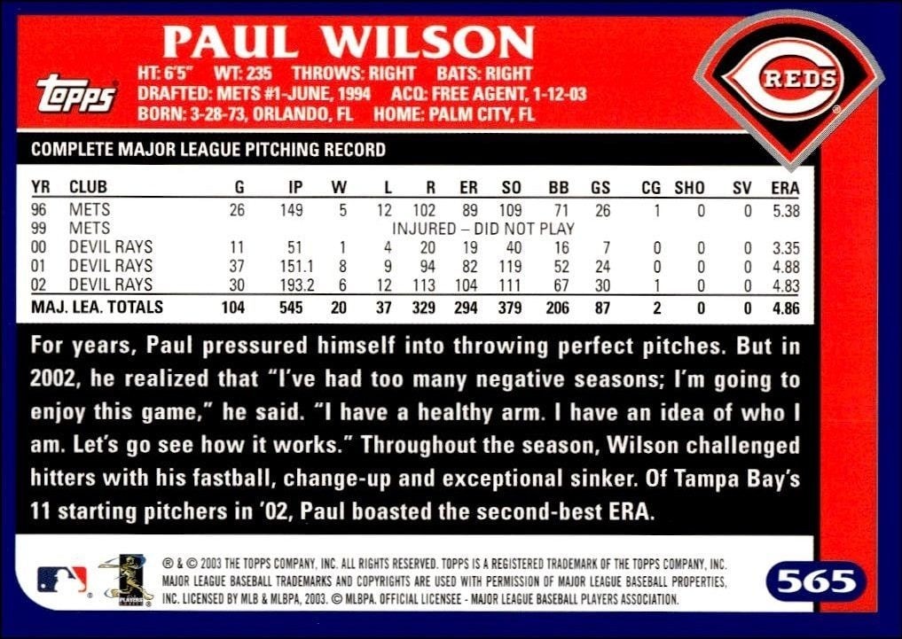 2003 Topps Paul Wilson #565 baseball trading card back