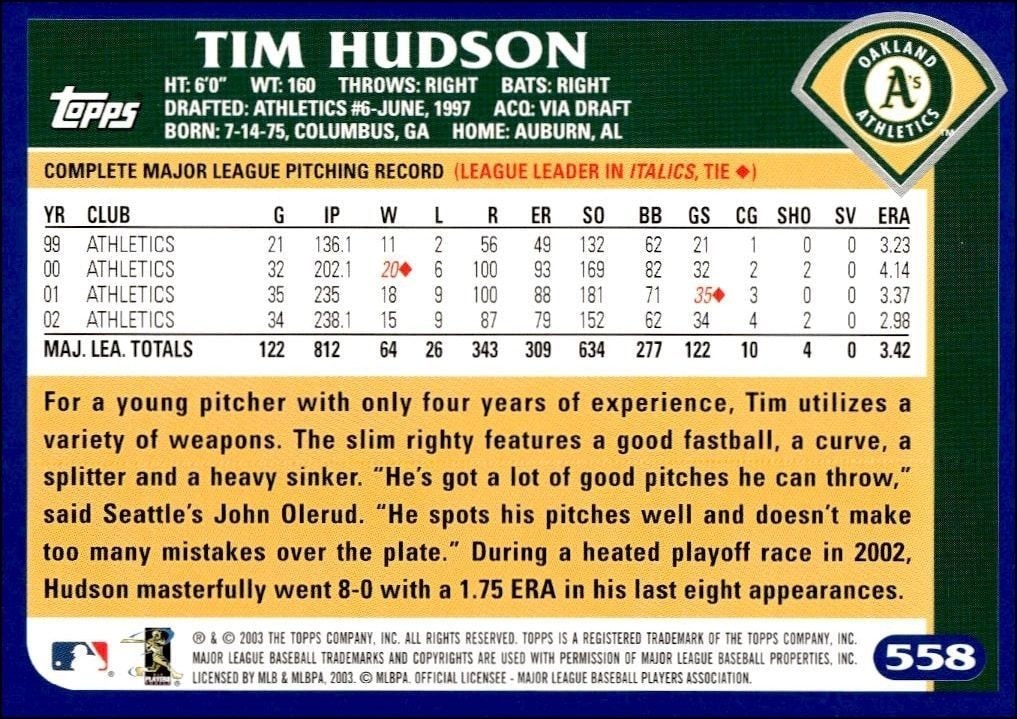 2003 Topps Tim Hudson #558 baseball trading card back