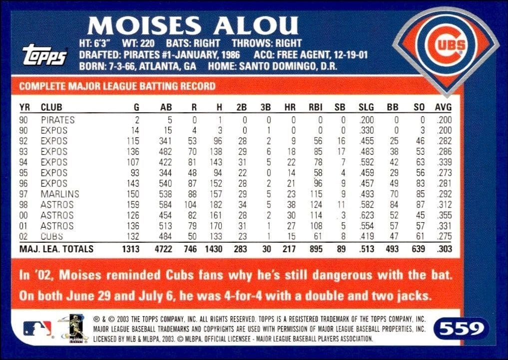 2003 Topps Moises Alou #559 baseball trading card back