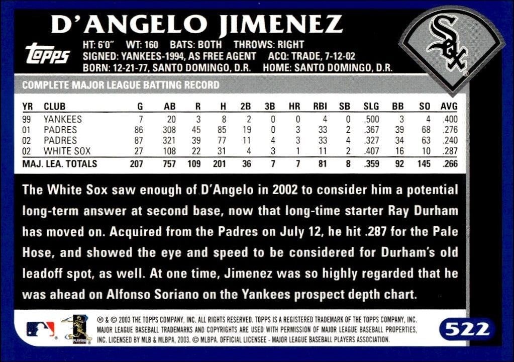 2003 Topps D'Angelo Jimenez #522 baseball trading card back