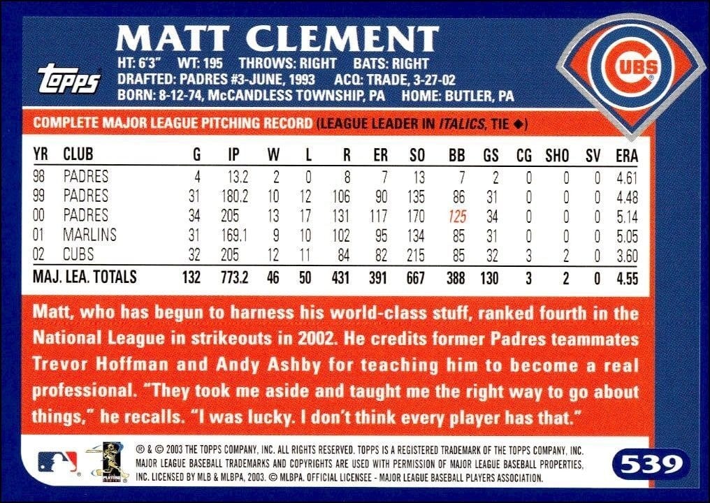 2003 Topps Matt Clement #539 baseball trading card back