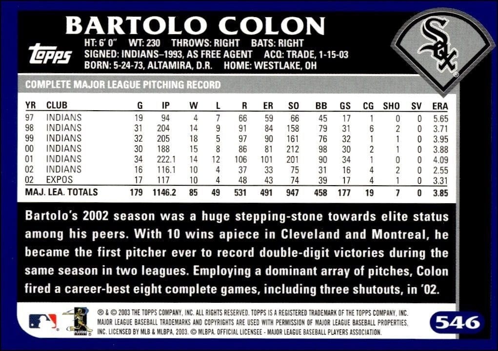 2003 Topps Bartolo Colon #546 baseball trading card back
