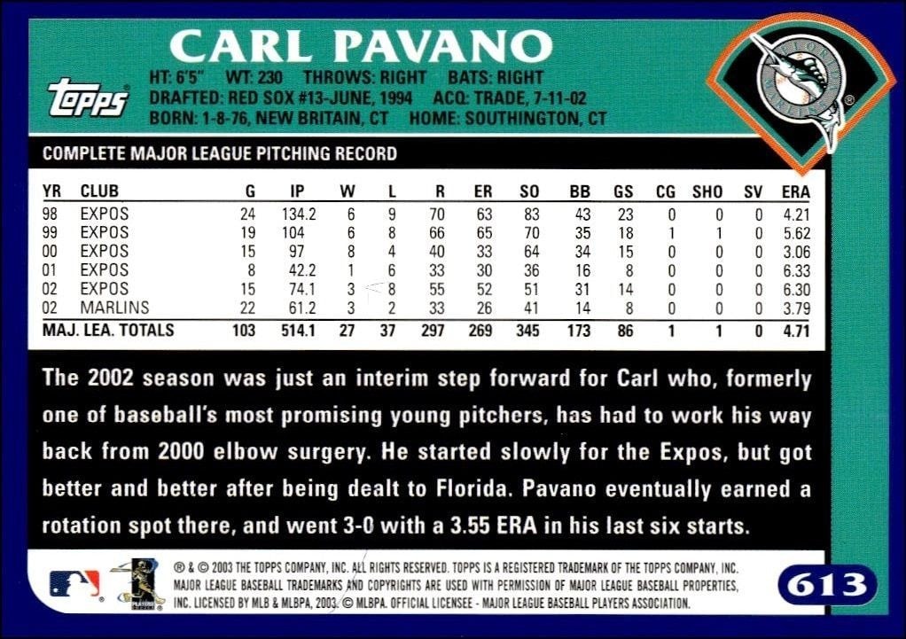 2003 Topps Carl Pavano #613 baseball trading card back