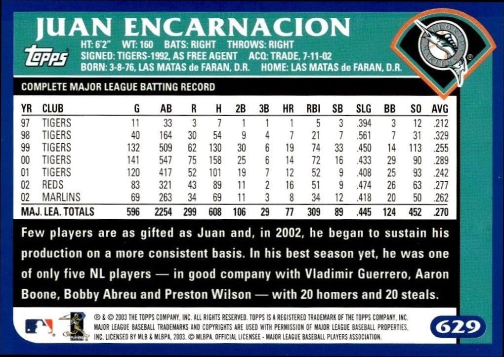 2003 Topps Juan Encarnacion #629 baseball trading card back