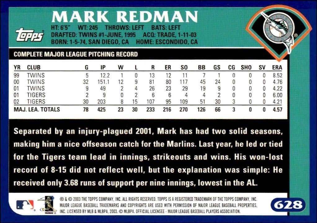 2003 Topps Mark Redman #628 baseball trading card back
