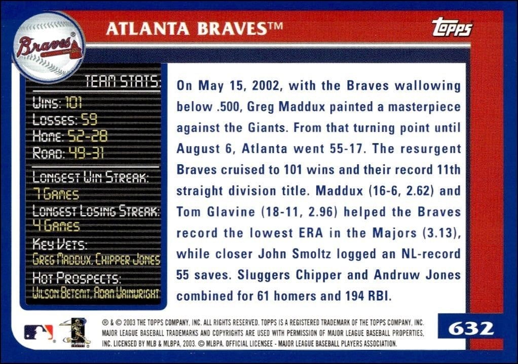 2003 Topps Atlanta Braves #632 baseball trading card back
