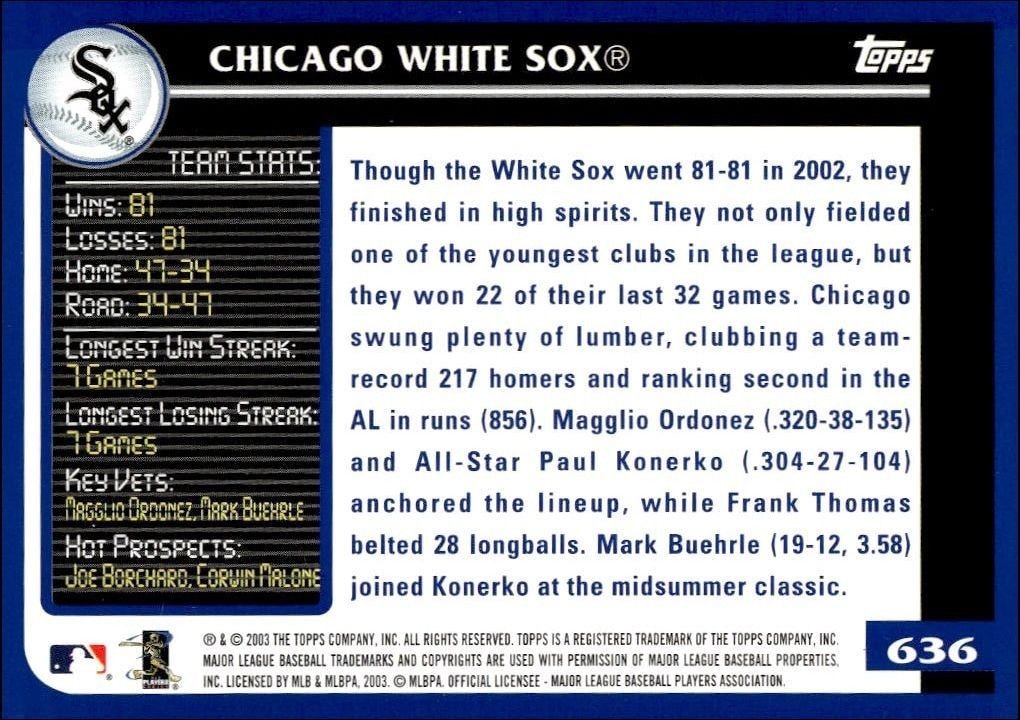 2003 Topps Chicago White Sox #636 baseball trading card back