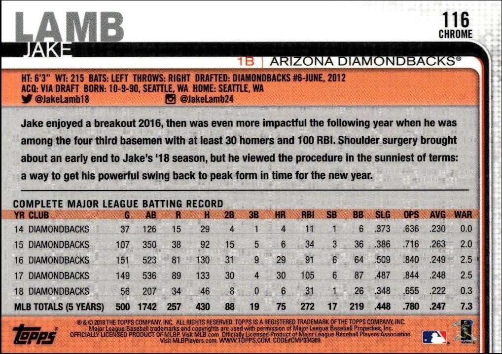 2019 Topps Chrome Jake Lamb #334 baseball trading card back