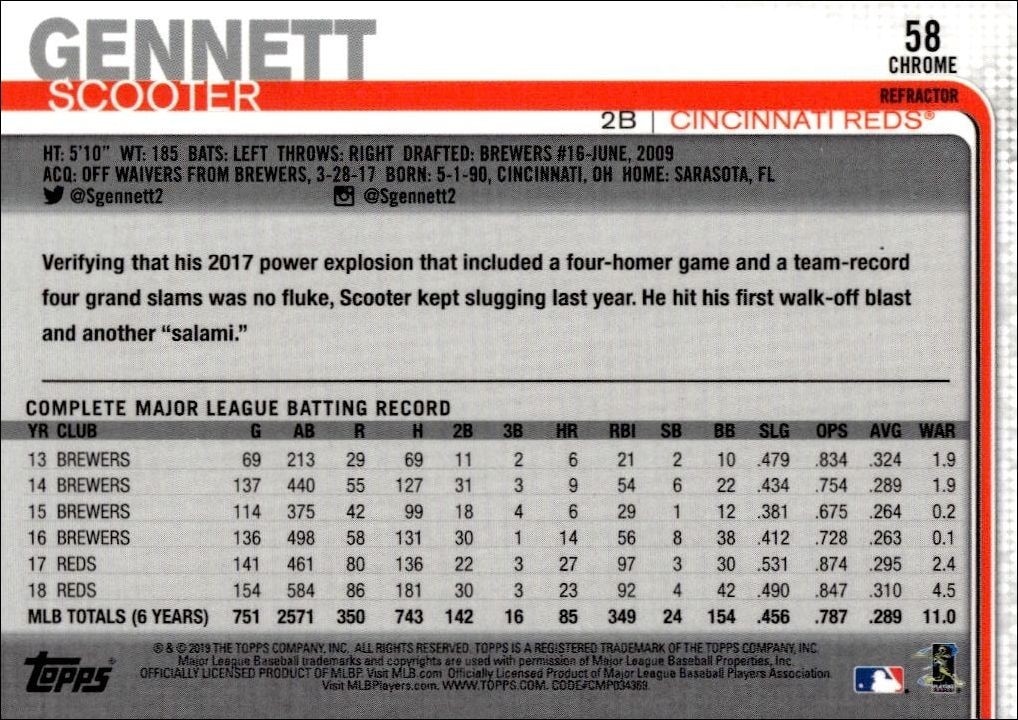 2019 Topps Chrome Scooter Gennett #107 baseball trading card back