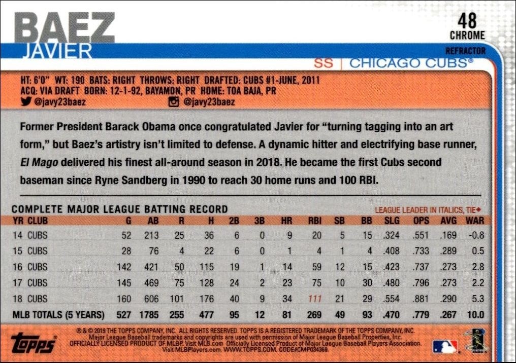 2019 Topps Chrome Javier Baez #48 baseball trading card back