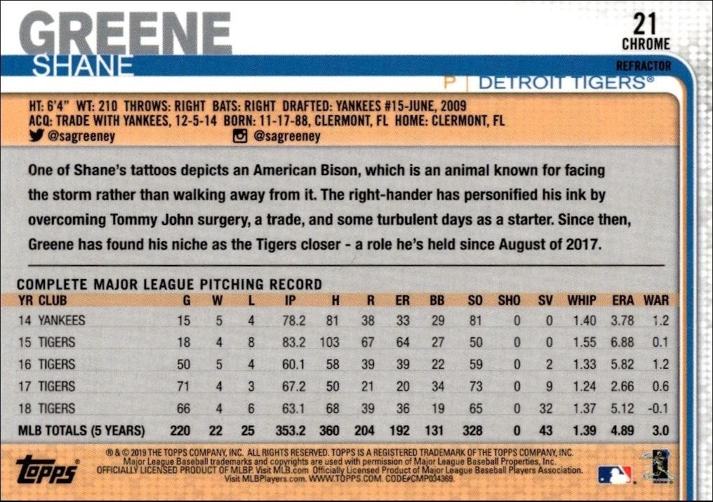 2019 Topps Chrome Shane Greene #229 baseball trading card back