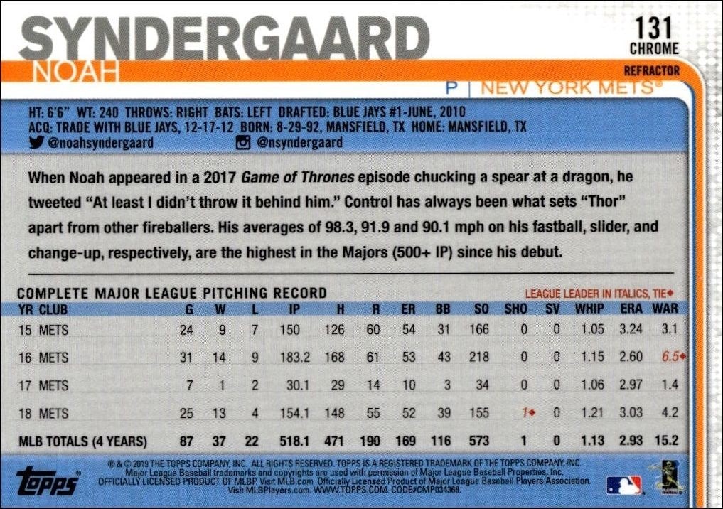 2019 Topps Chrome Noah Syndergaard #126 baseball trading card back