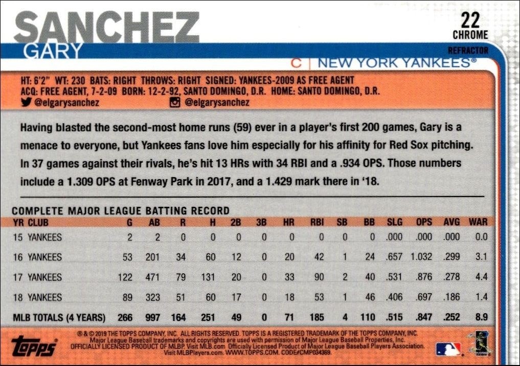 2019 Topps Chrome Gary Sanchez #353 baseball trading card back