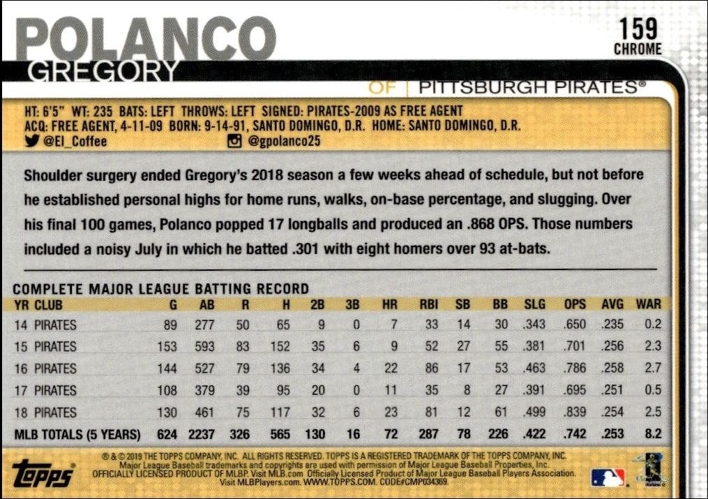 2019 Topps Chrome Gregory Polanco #198 baseball trading card back