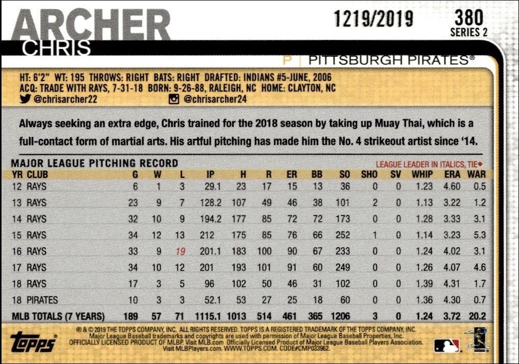 2019 Topps Series 2 Chris Archer #380 baseball trading card back
