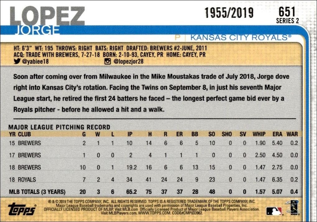 2019 Topps Series 2 Jorge Lopez #651 baseball trading card back