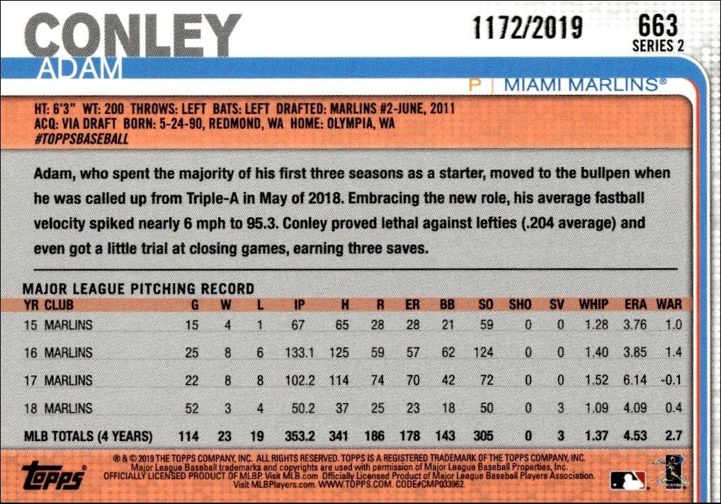 2019 Topps Series 2 Adam Conley #663 baseball trading card back