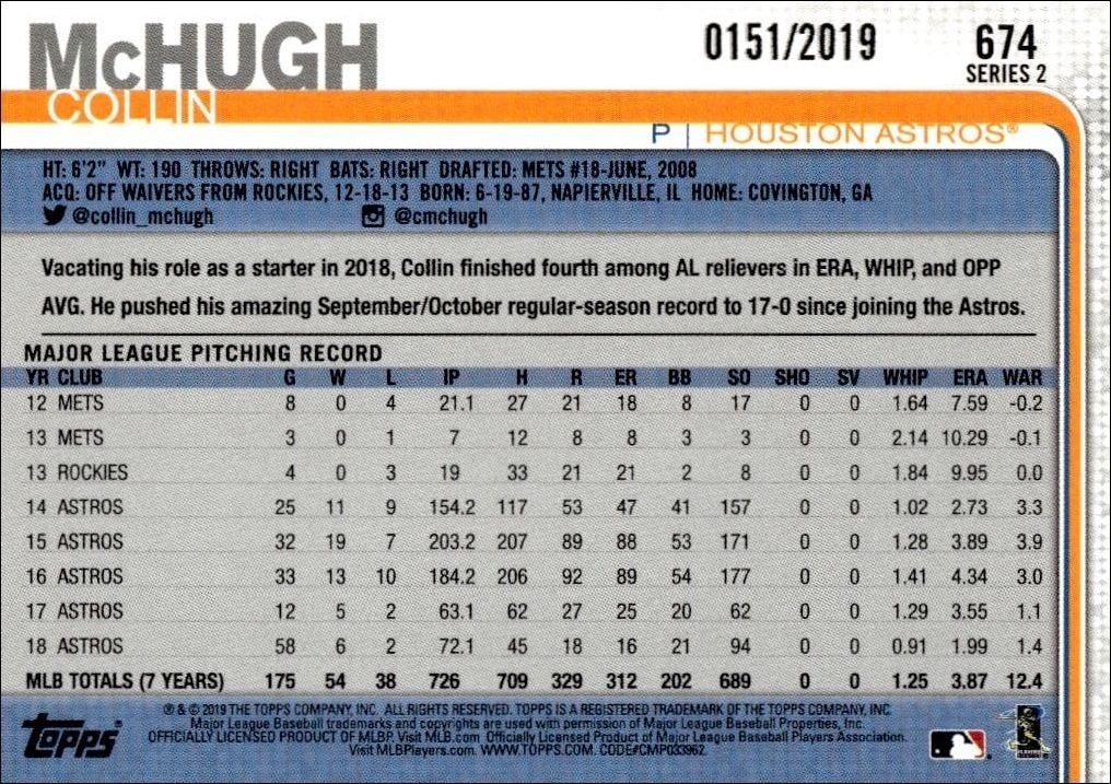2019 Topps Series 2 Collin McHugh #674 baseball trading card back