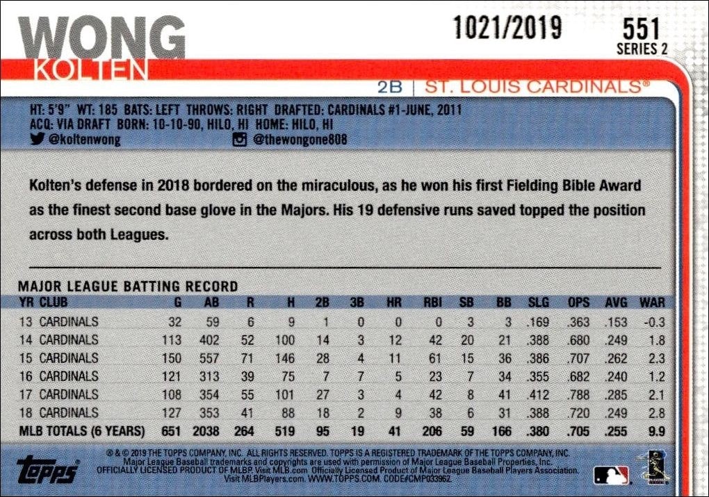 2019 Topps Series 2 Kolten Wong #551 baseball trading card back
