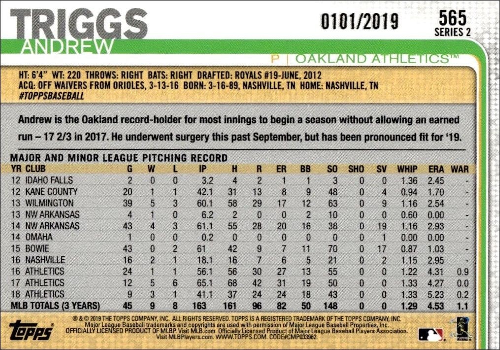 2019 Topps Series 2 Andrew Triggs #565 baseball trading card back