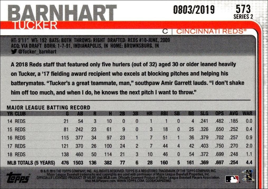 2019 Topps Series 2 Tucker Barnhart #573 baseball trading card back