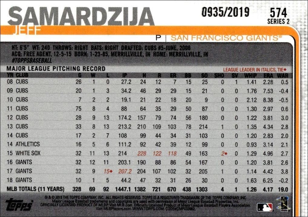 2019 Topps Series 2 Jeff Samardzija #574 baseball trading card back