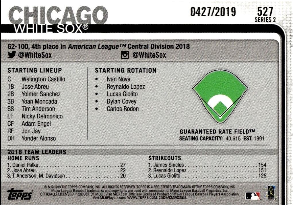 2019 Topps Series 2 Guaranteed Rate Field #527 baseball trading card back