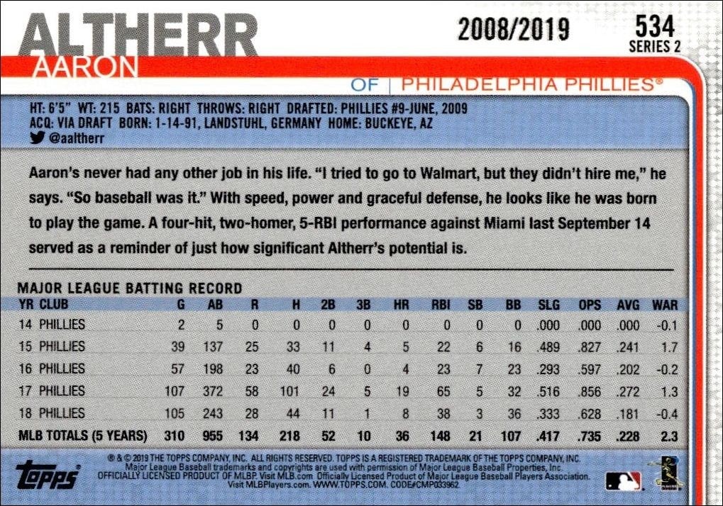 2019 Topps Series 2 Aaron Altherr #534 baseball trading card back