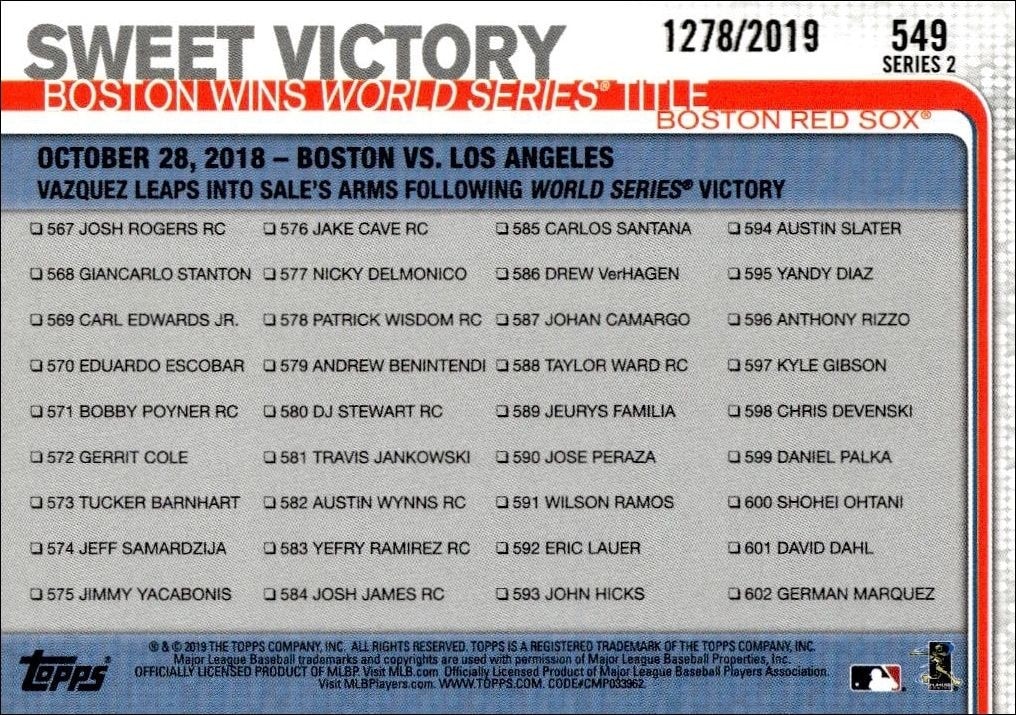 2019 Topps Series 2 Sweet Victory #549 baseball trading card back