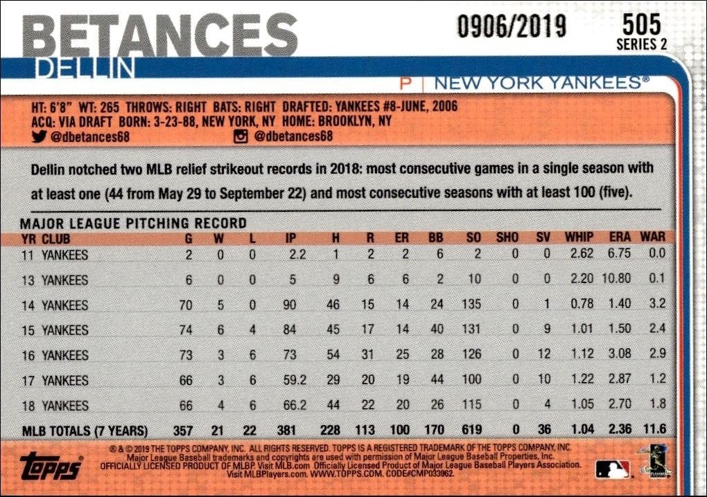 2019 Topps Series 2 Dellin Betances #505 baseball trading card back