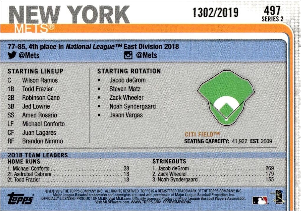 2019 Topps Series 2 Citi Field #497 baseball trading card back