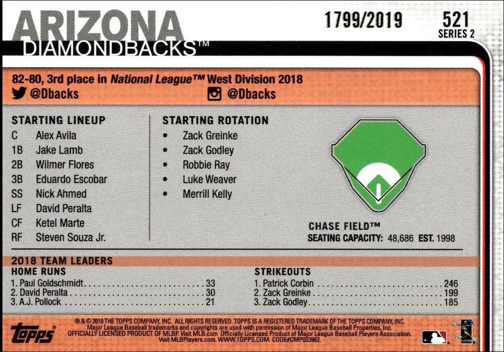 2019 Topps Series 2 Chase Field #521 baseball trading card back