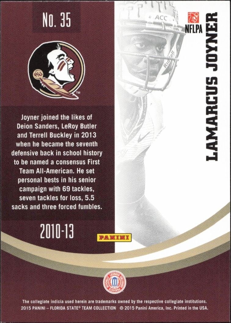 2015 Panini Florida State Seminoles Lamarcus Joyner #35 football trading card back
