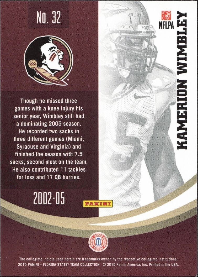 2015 Panini Florida State Seminoles Kamerion Wimbley #32 football trading card back