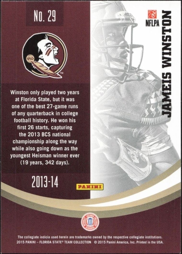 2015 Panini Florida State Seminoles James Winston #29 football trading card back