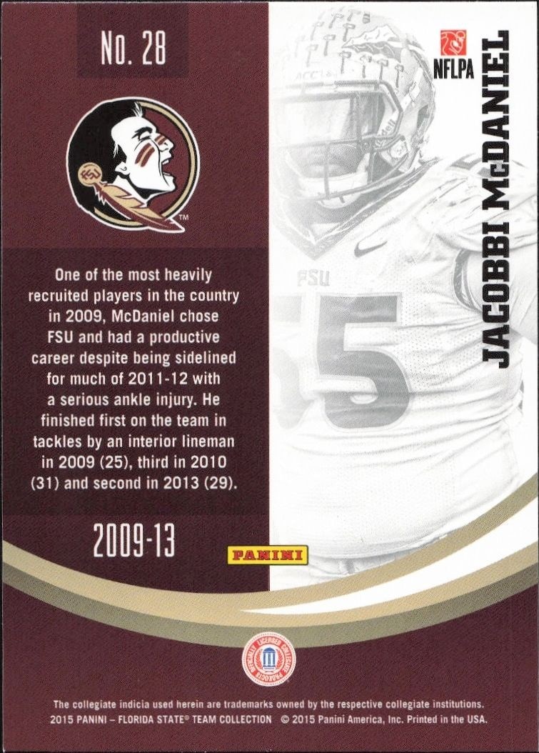 2015 Panini Florida State Seminoles Jacobbi McDaniel #28 football trading card back