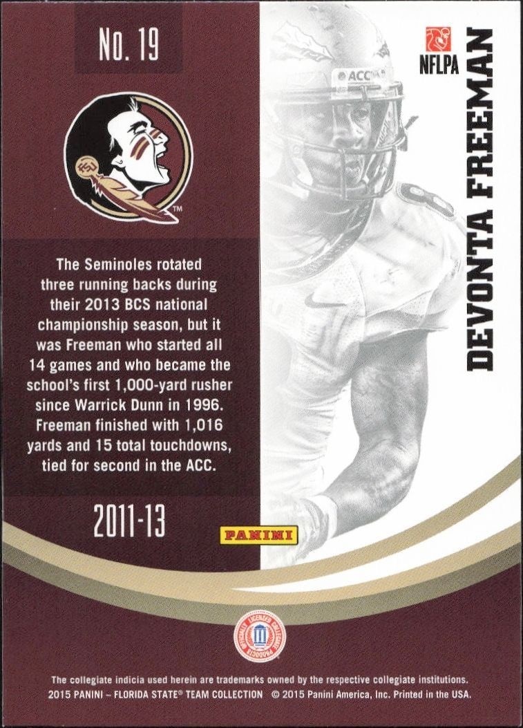 2015 Panini Florida State Seminoles Devonta Freeman #19 football trading card back