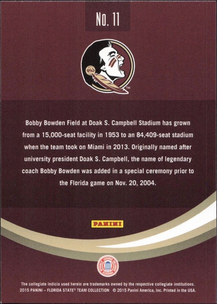 2015 Panini Florida State Seminoles Bobby Bowden Field At Doak S. Campbell Stadium #11 football trading card back