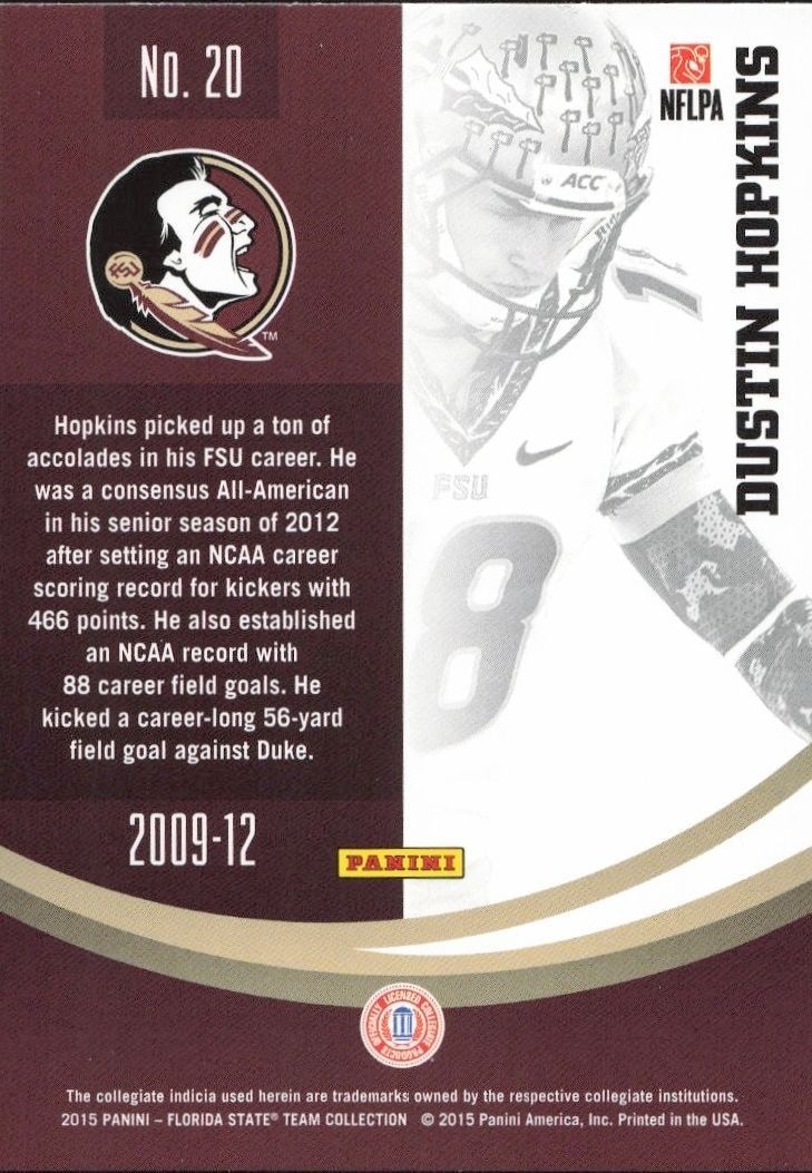 2015 Panini Florida State Seminoles Dustin Hopkins #20 football trading card back