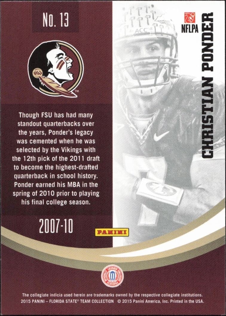 2015 Panini Florida State Seminoles Christian Ponder #13 football trading card back