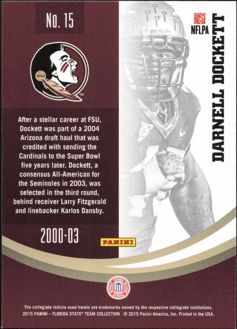 2015 Panini Florida State Seminoles Darnell Dockett #15 football trading card back
