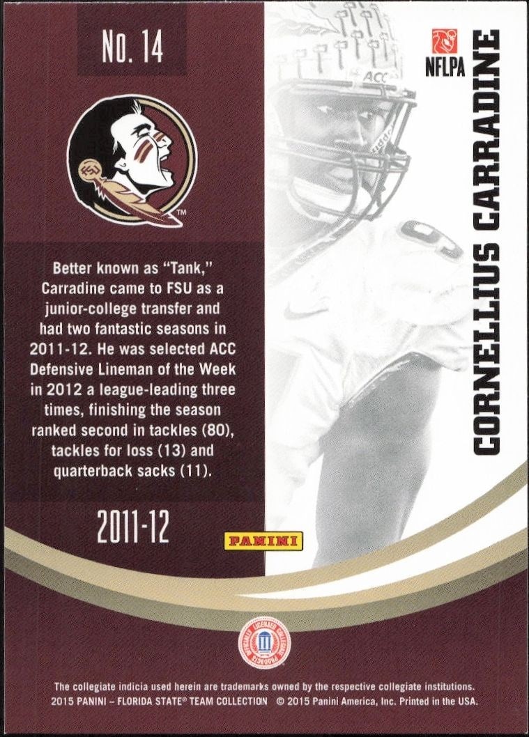 2015 Panini Florida State Seminoles Cornellius Carradine #14 football trading card back