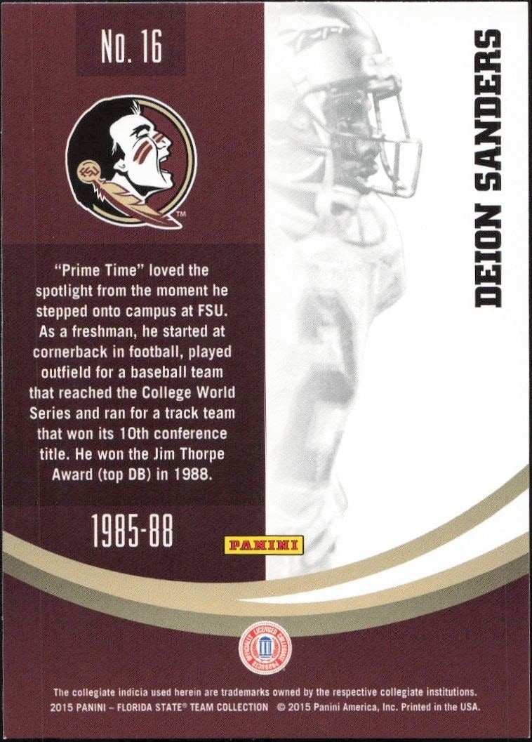 2015 Panini Florida State Seminoles Deion Sanders #16 football trading card back