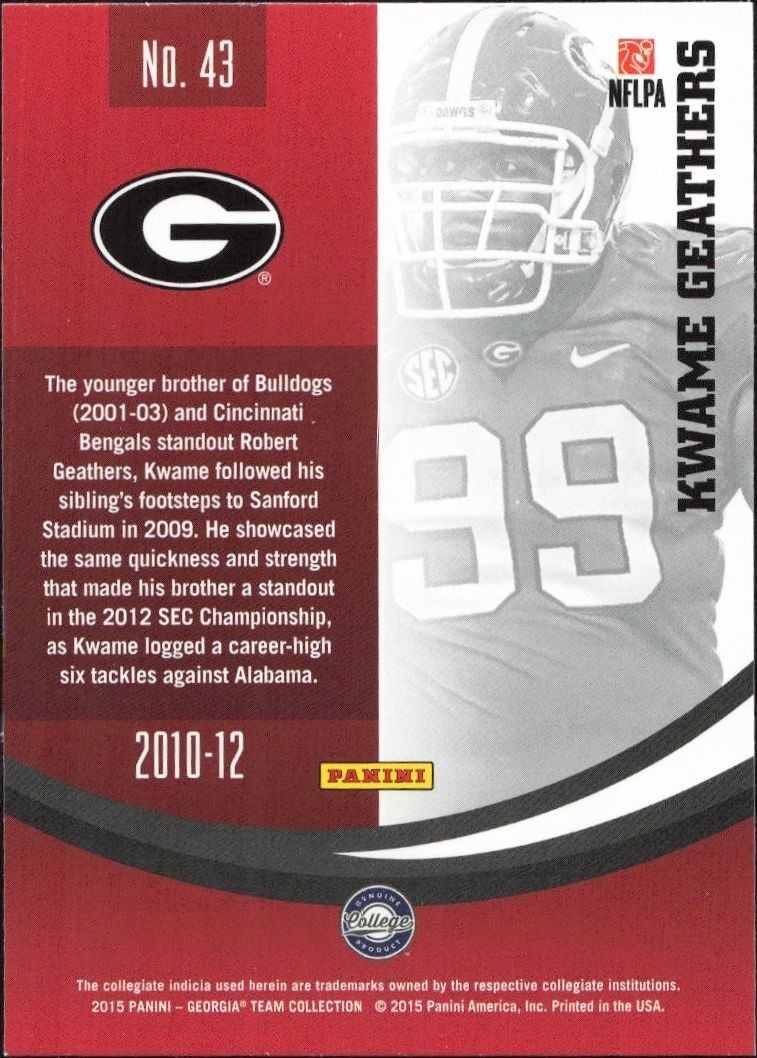 2015 Panini Georgia Bulldogs Kwame Geathers #43 football trading card back