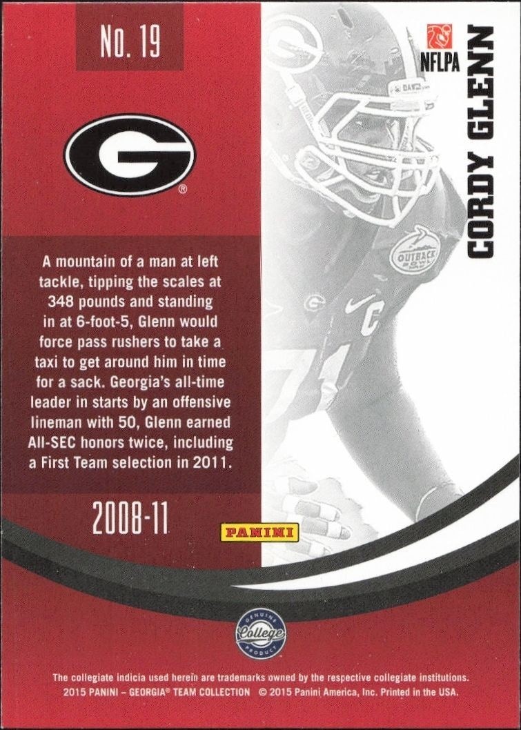 2015 Panini Georgia Bulldogs Cordy Glenn #19 football trading card back