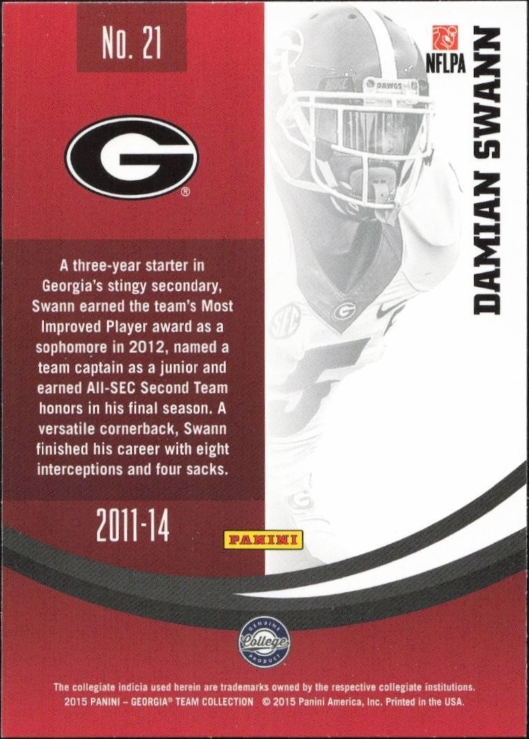 2015 Panini Georgia Bulldogs Damian Swann #21 football trading card back