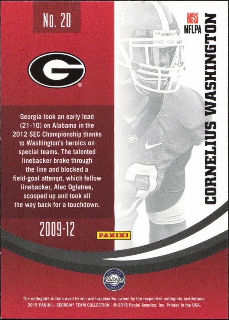 2015 Panini Georgia Bulldogs Cornelius Washington #20 football trading card back