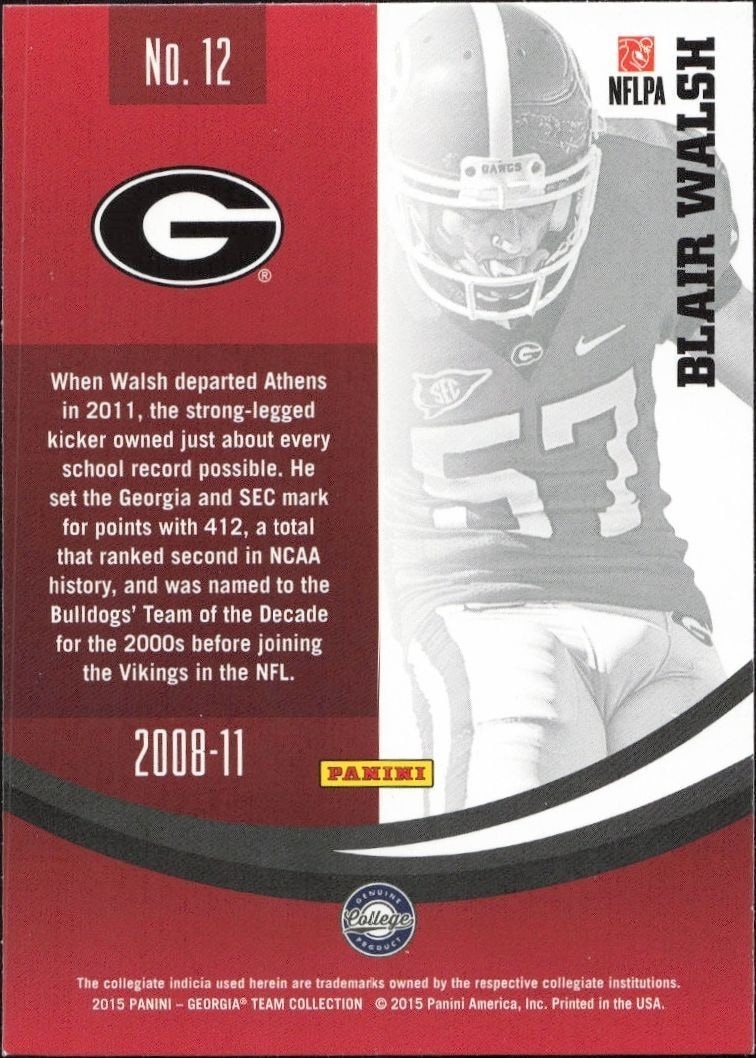 2015 Panini Georgia Bulldogs Blair Walsh #12 football trading card back