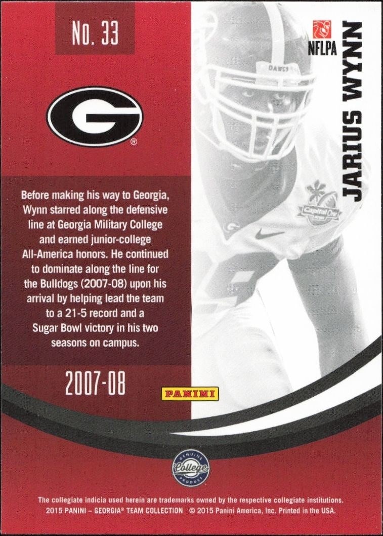 2015 Panini Georgia Bulldogs Jarius Wynn #33 football trading card back