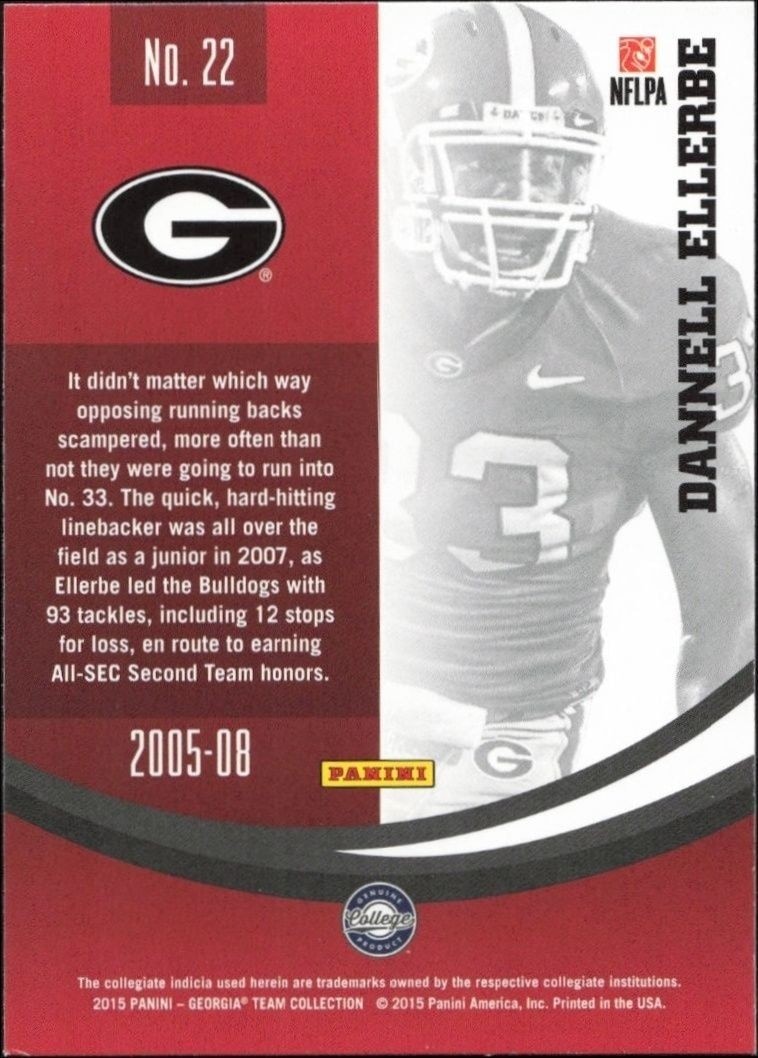 2015 Panini Georgia Bulldogs Dannell Ellerbe #22 football trading card back